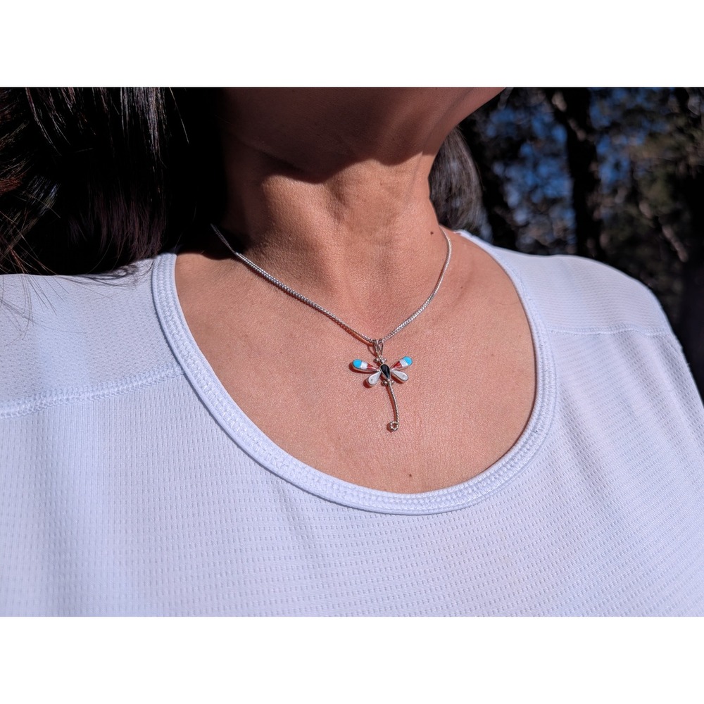 Zuni‎ Inlay Dragonfly Pendant Necklace - Sterling Silver & Multi-Stone**